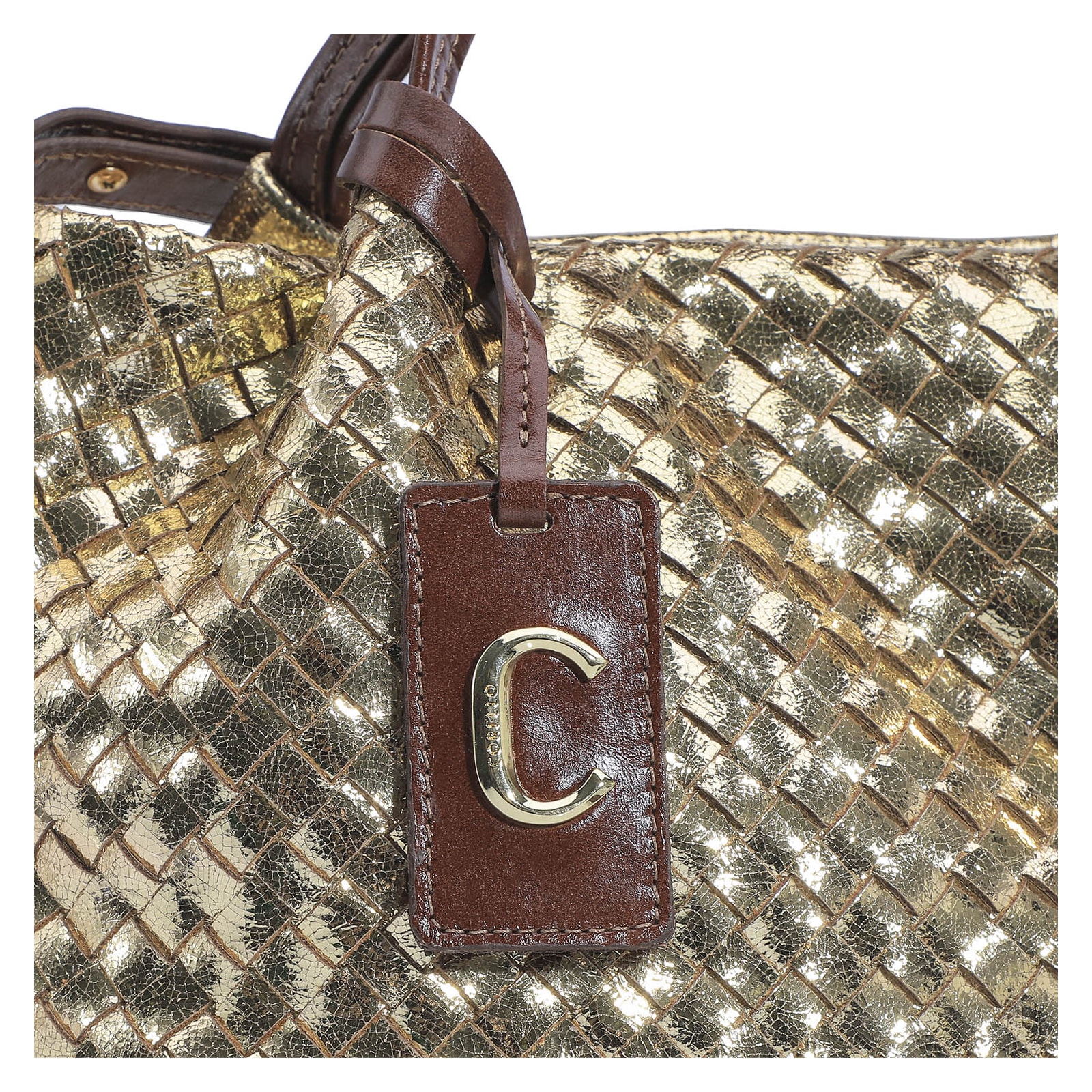 Bolsa Tote Tressê Couro Dourado