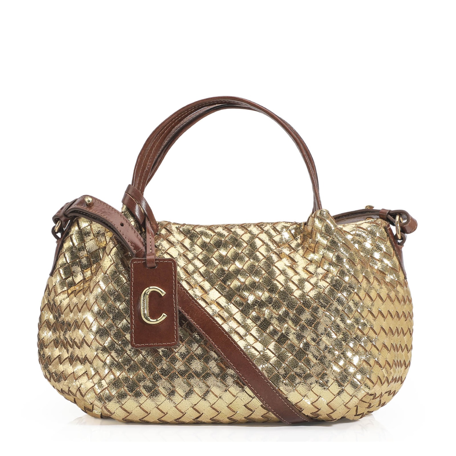 Bolsa Tote Tressê Couro Dourado