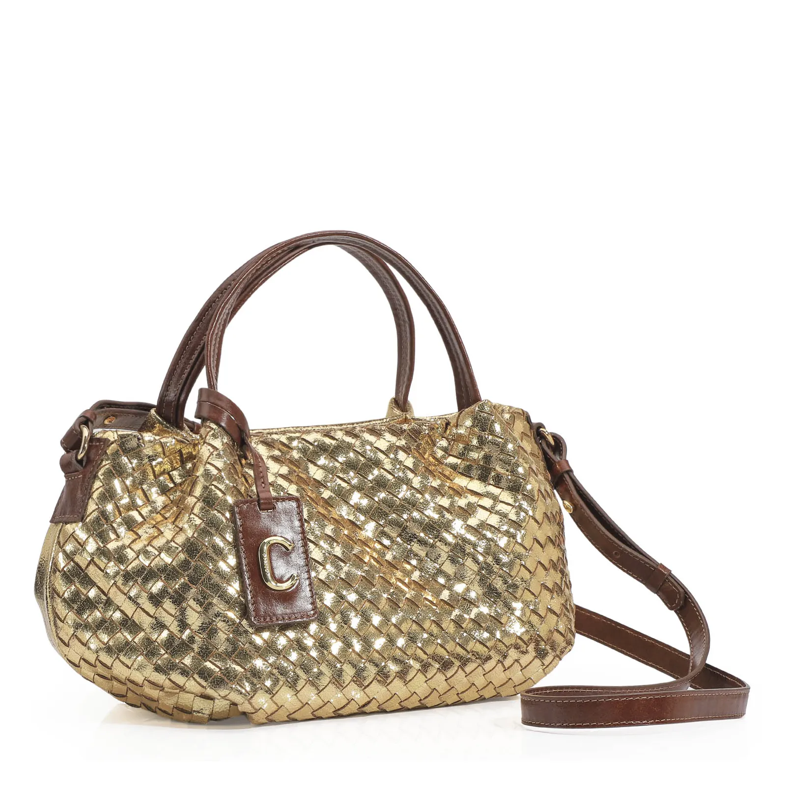 Bolsa Tote Tressê Couro Dourado