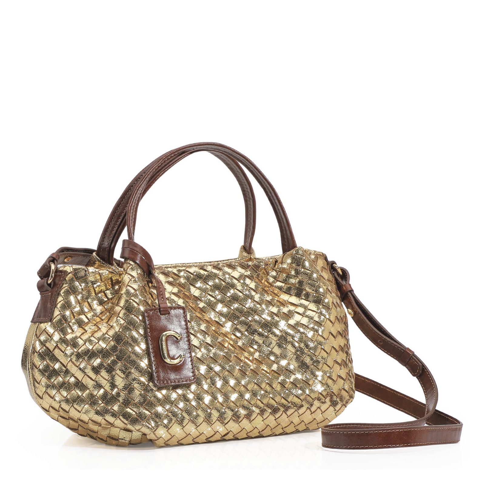 Bolsa Tote Tressê Couro Dourado