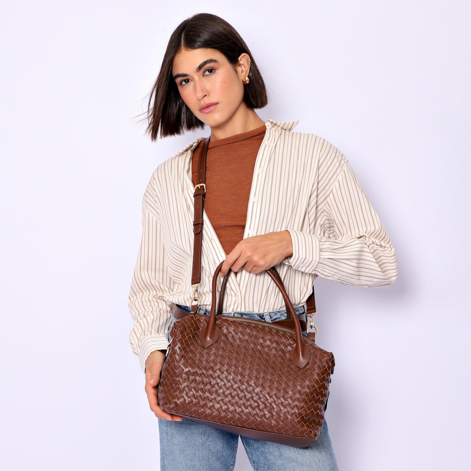 Bolsa Tote Tressê Couro Marrom