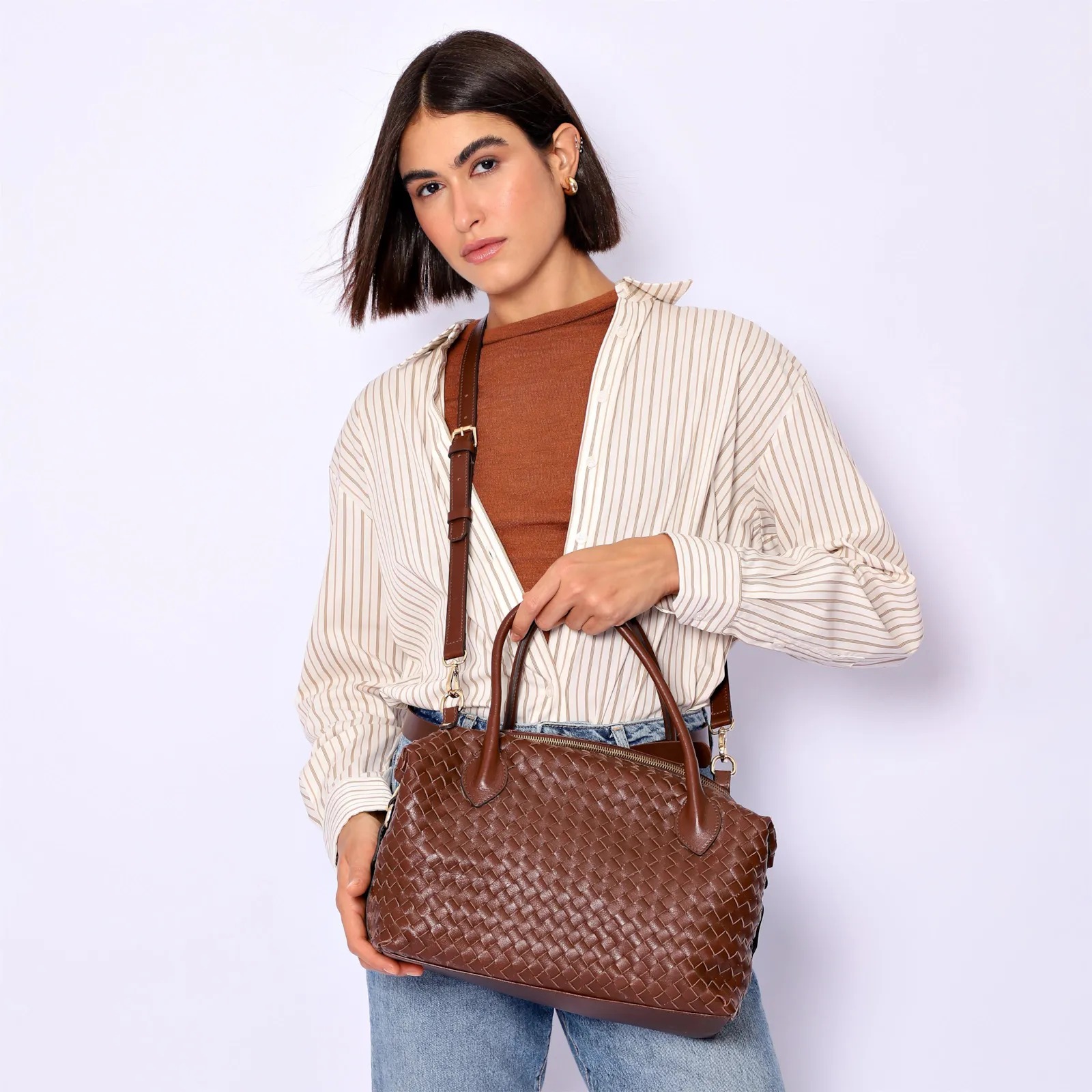 Bolsa Tote Tressê Couro Marrom