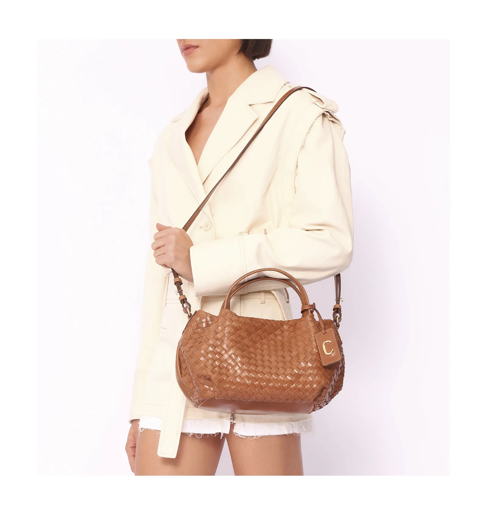 Bolsa Tote Tressê Couro Marrom Claro