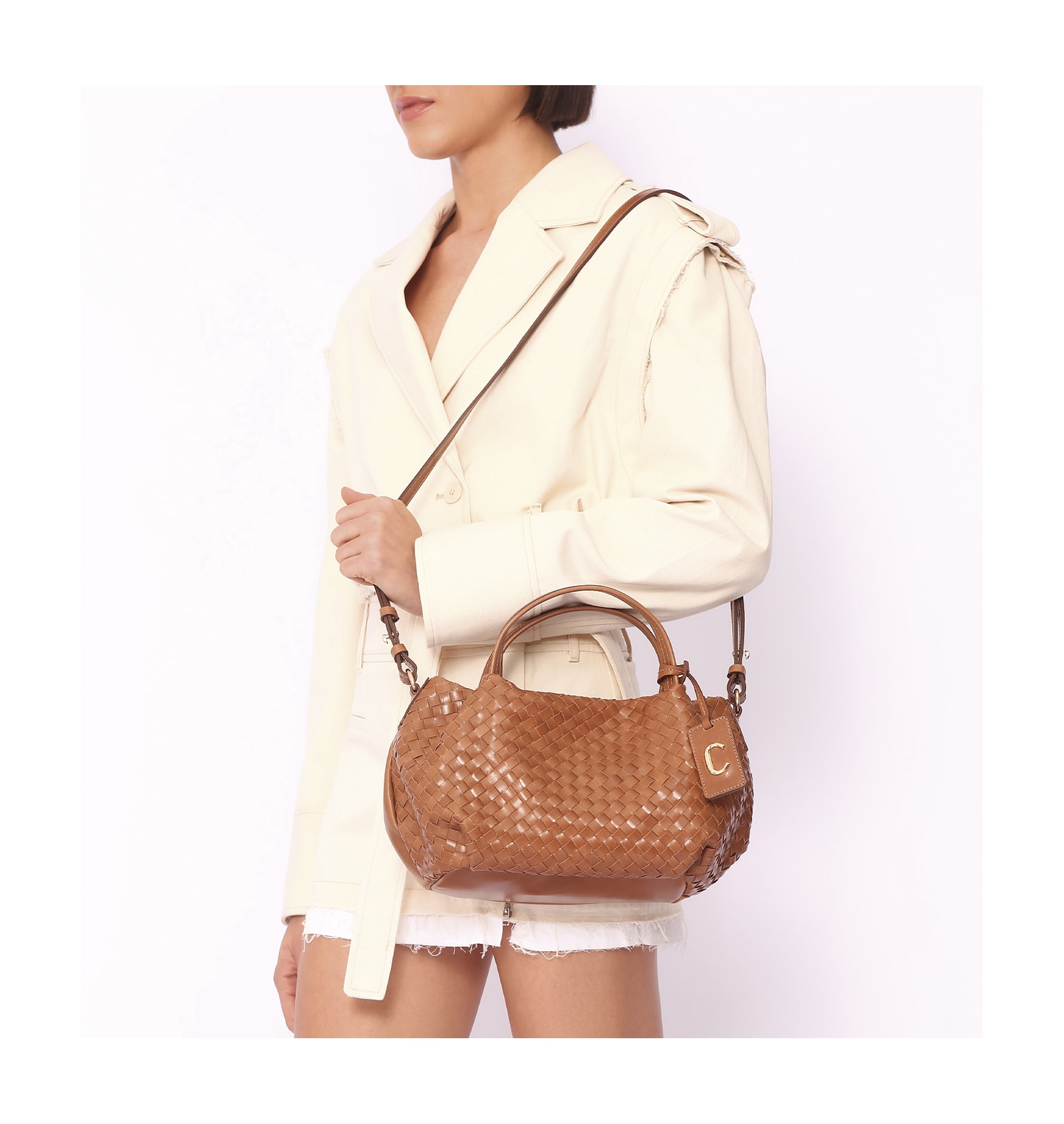 Bolsa Tote Tressê Couro Marrom Claro
