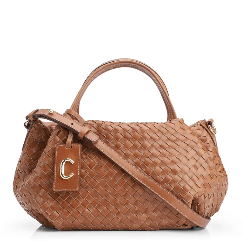 Bolsa Tote Tressê Couro Marrom Claro