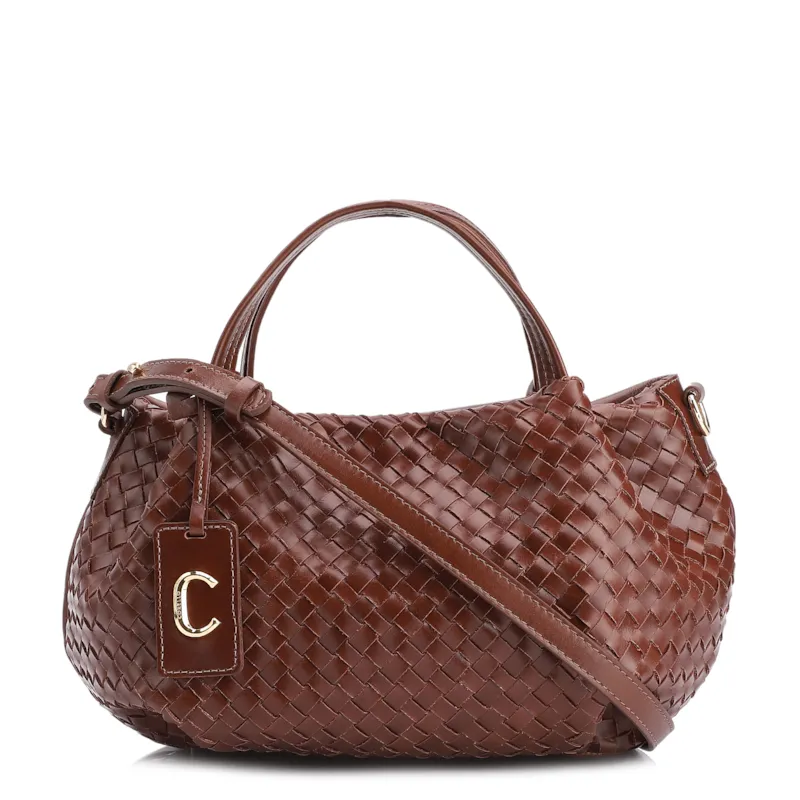 Bolsa Tote Tressê Couro Marrom Escuro