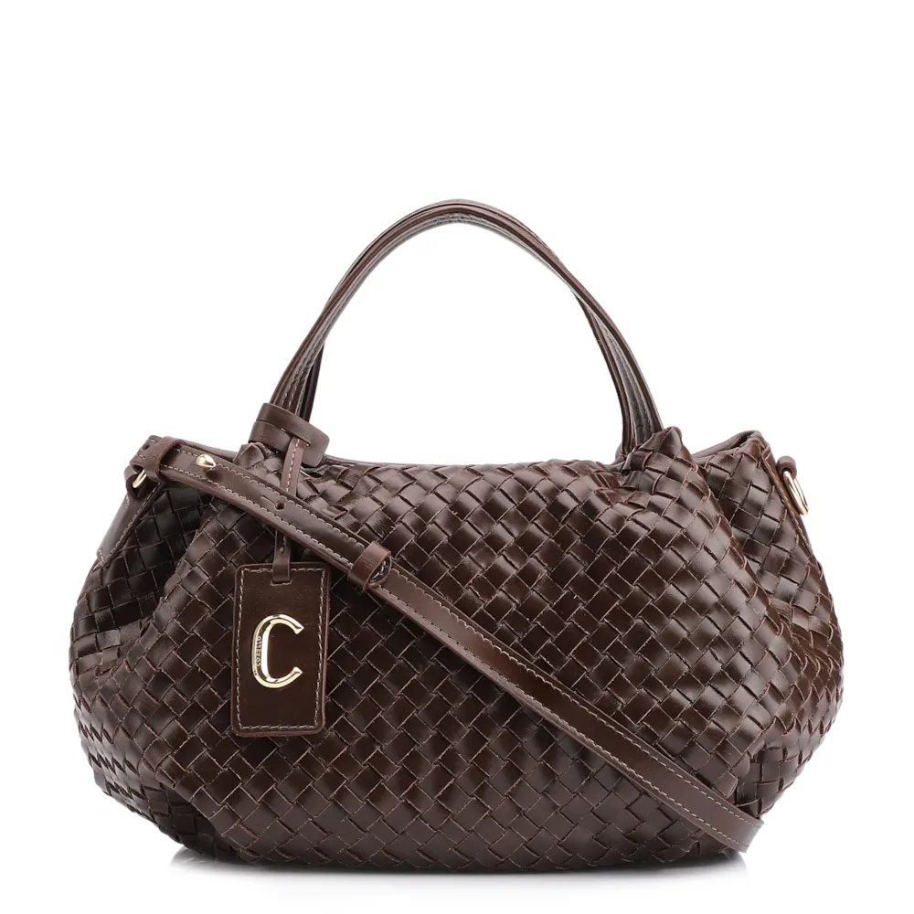 Bolsa Tote Tressê Couro Marrom Escuro
