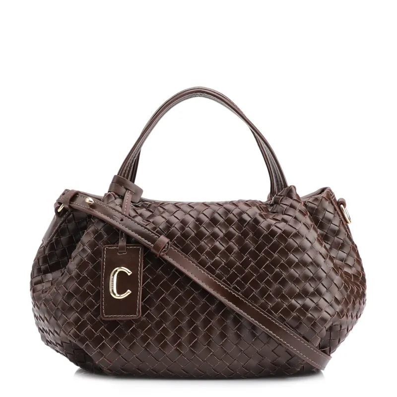 Bolsa Tote Tressê Couro Marrom Escuro