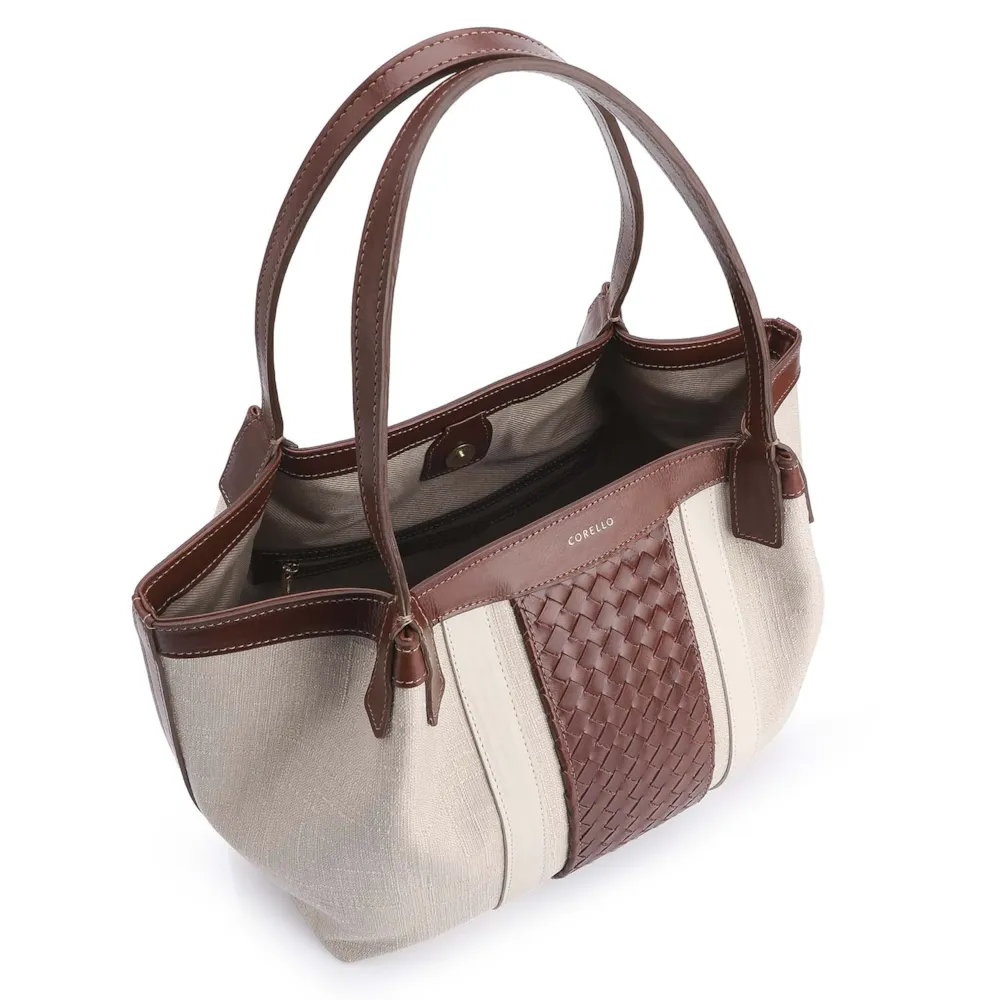 Bolsa Tote Tressê Couro Marrom/Linho Off White - imagem 4