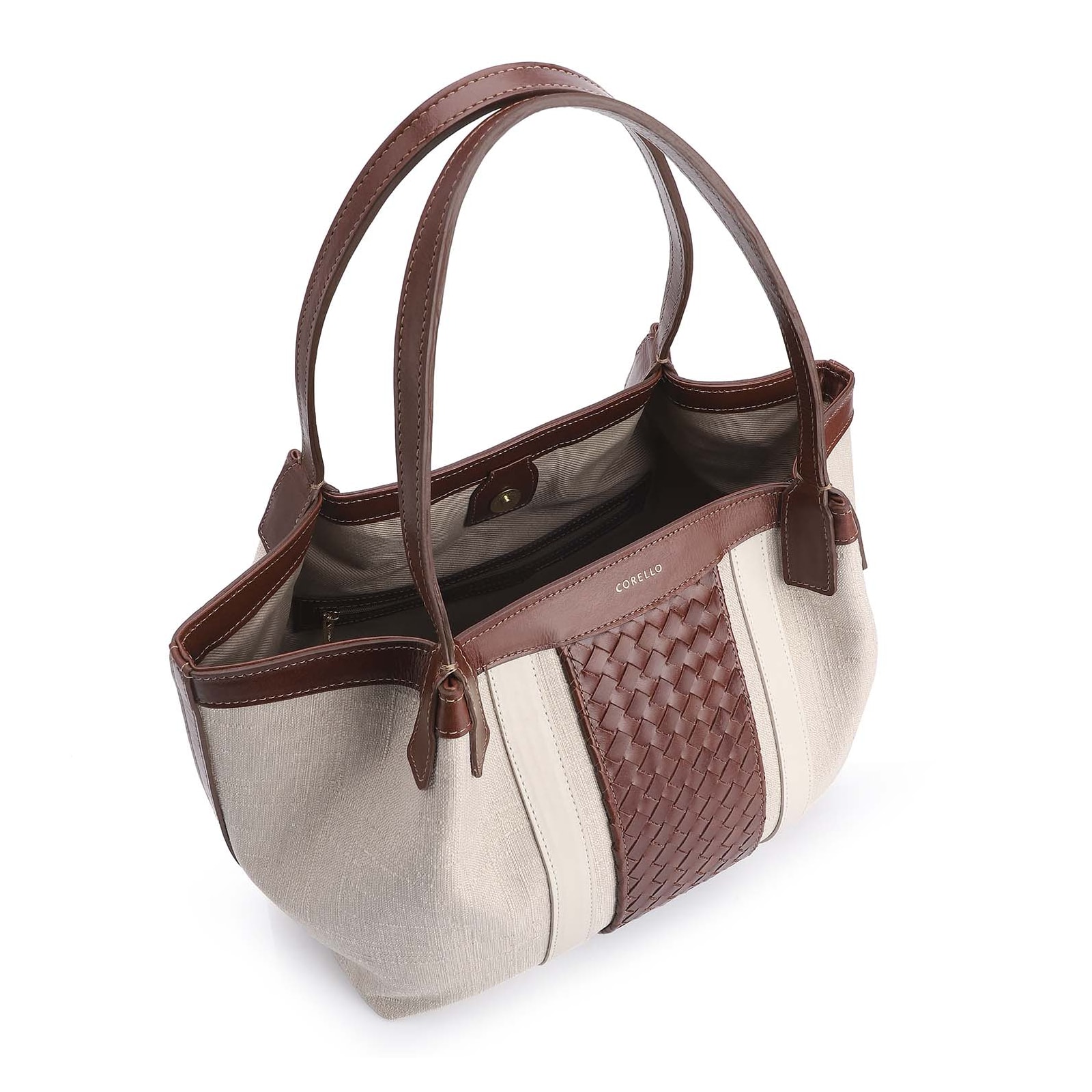 Bolsa Tote Tressê Couro Marrom/Linho Off White