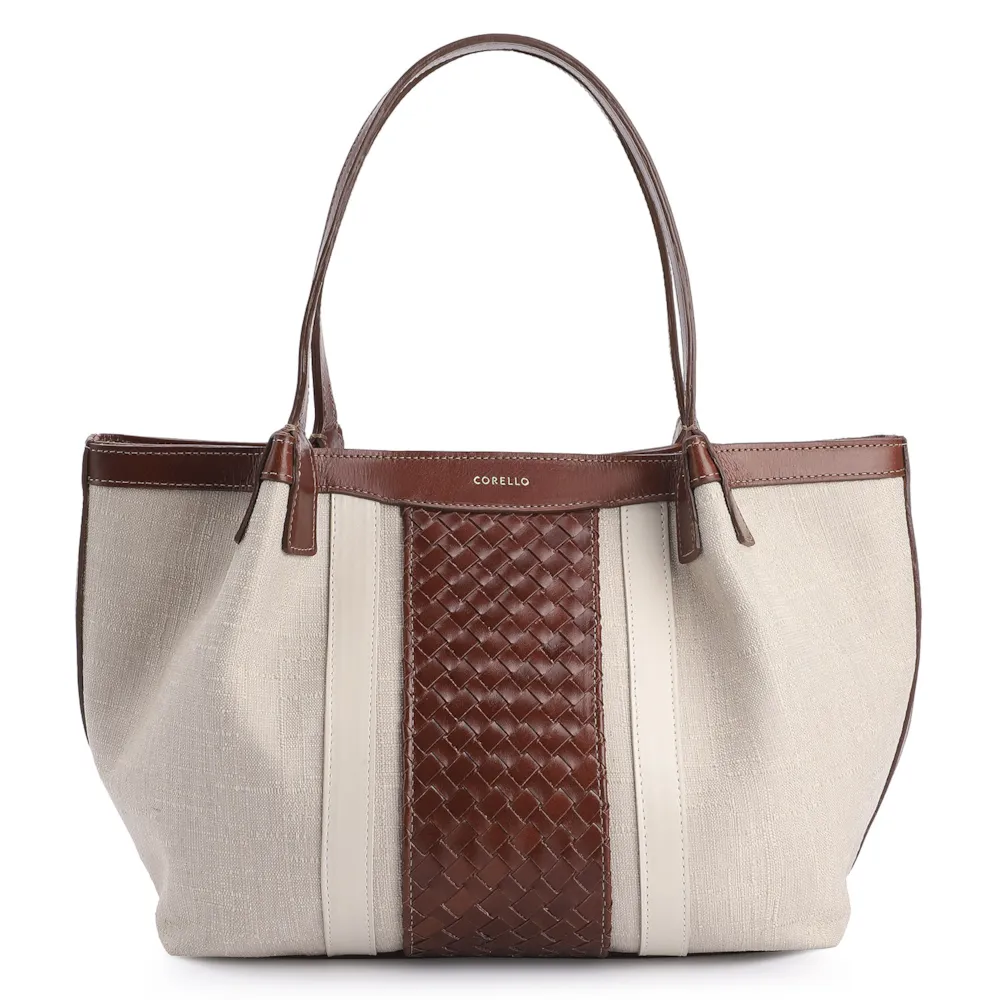 Bolsa Tote Tressê Couro Marrom/Linho Off White
