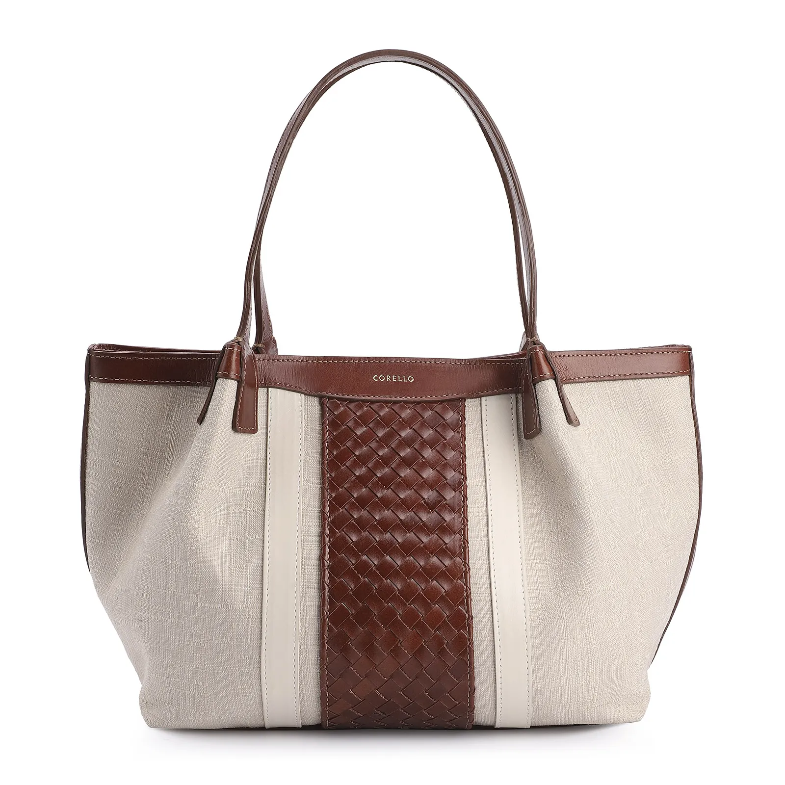Bolsa Tote Tressê Couro Marrom/Linho Off White