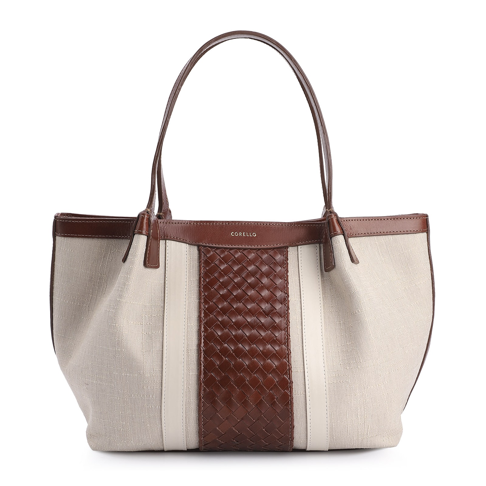 Bolsa Tote Tressê Couro Marrom/Linho Off White