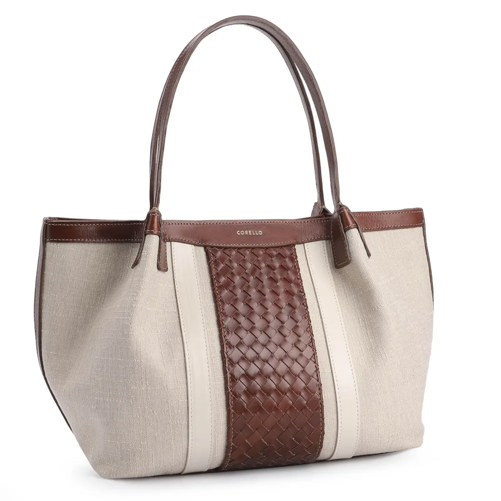 Bolsa Tote Tressê Couro Marrom/Linho Off White - imagem 2