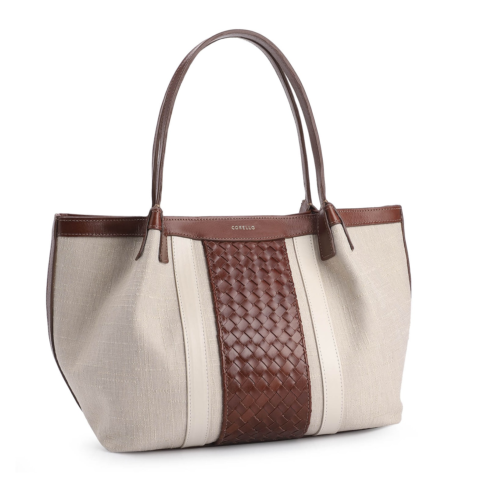 Bolsa Tote Tressê Couro Marrom/Linho Off White