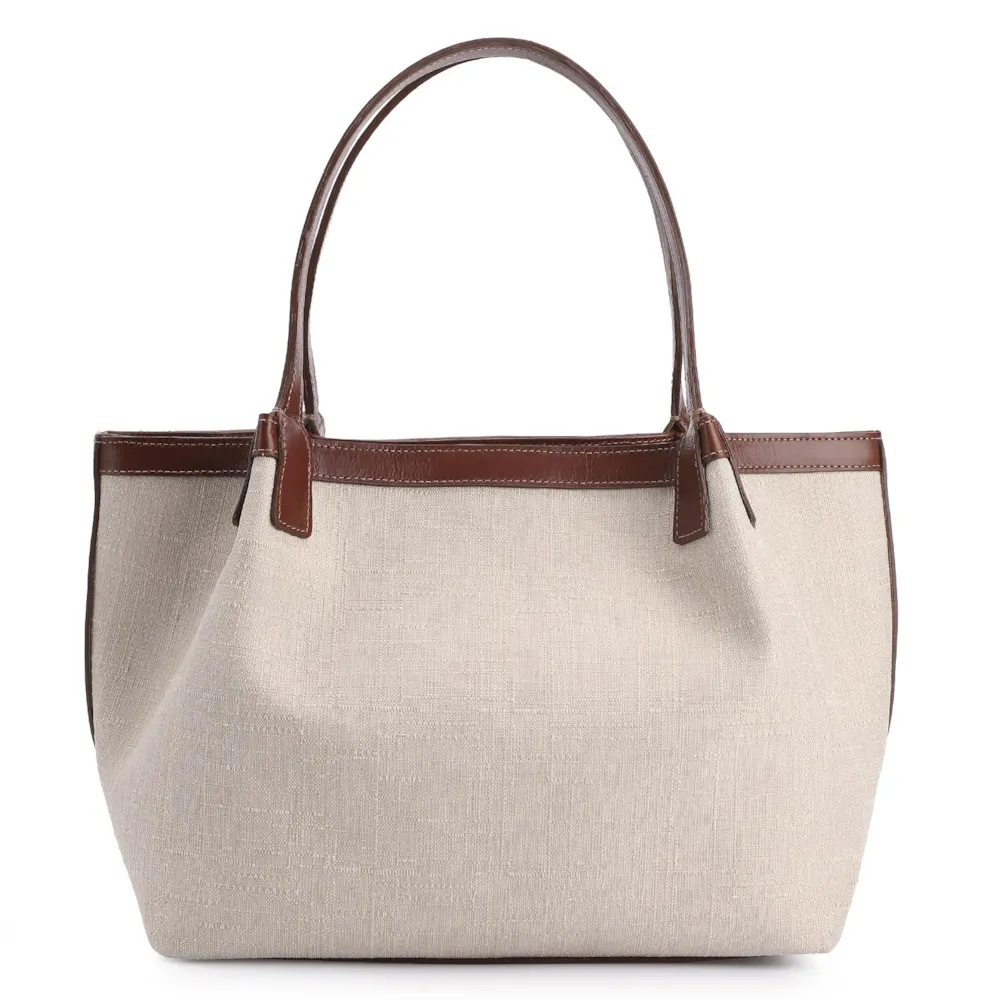 Bolsa Tote Tressê Couro Marrom/Linho Off White - imagem 3