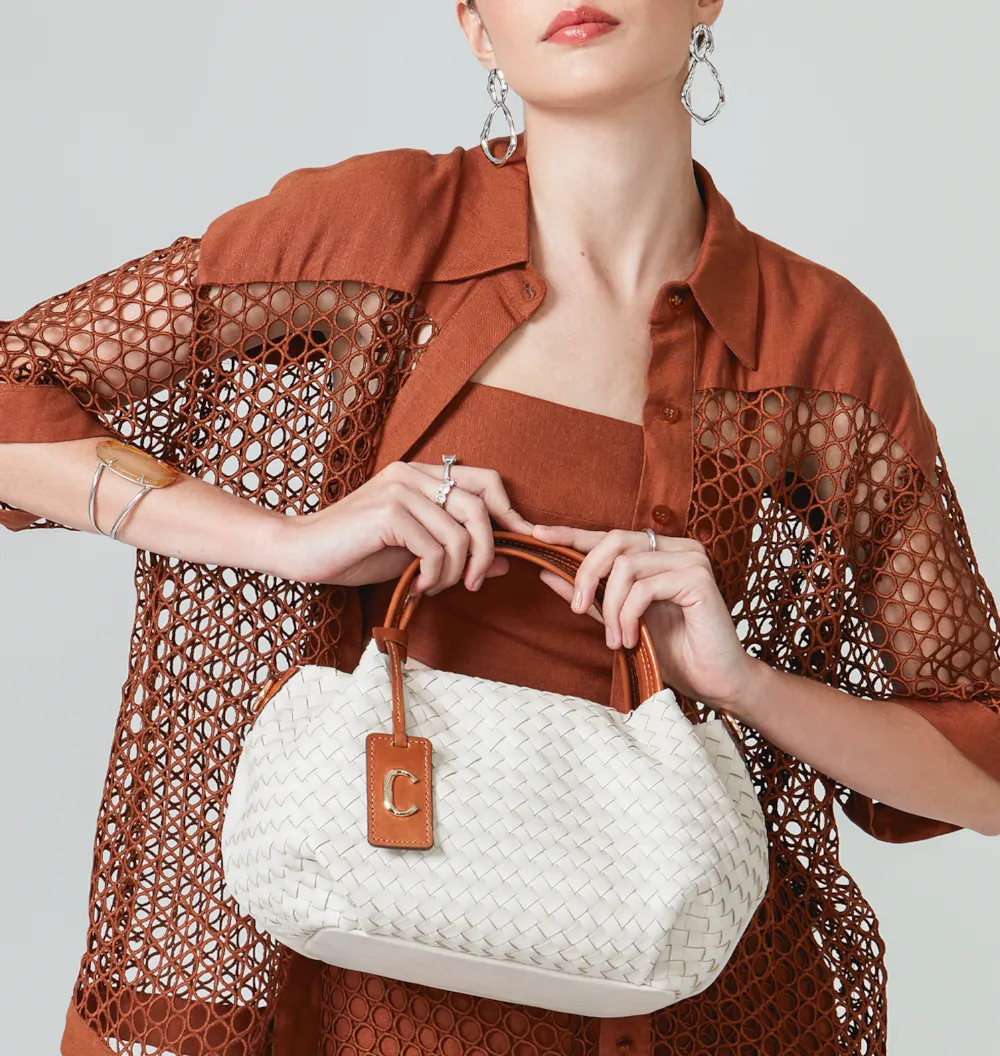 Bolsa Tote Tressê Couro Off White/Caramelo - imagem 2