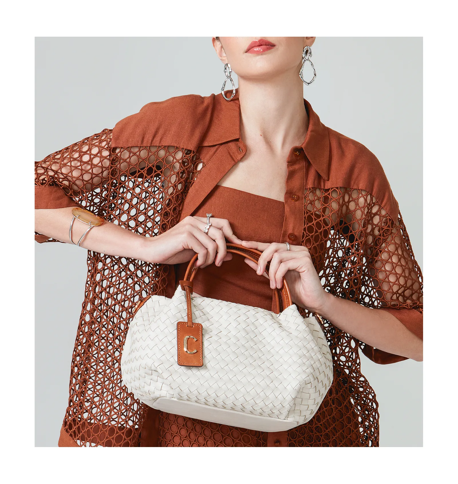 Bolsa Tote Tressê Couro Off White/Caramelo