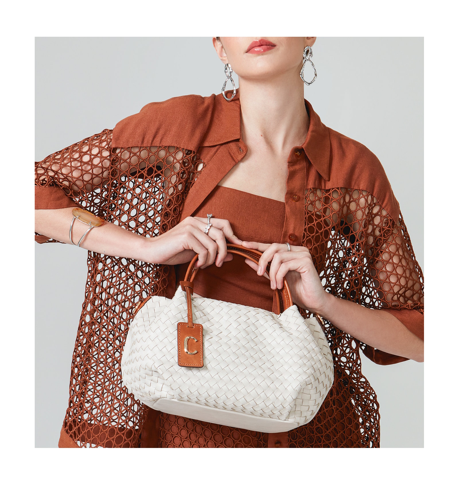 Bolsa Tote Tressê Couro Off White/Caramelo