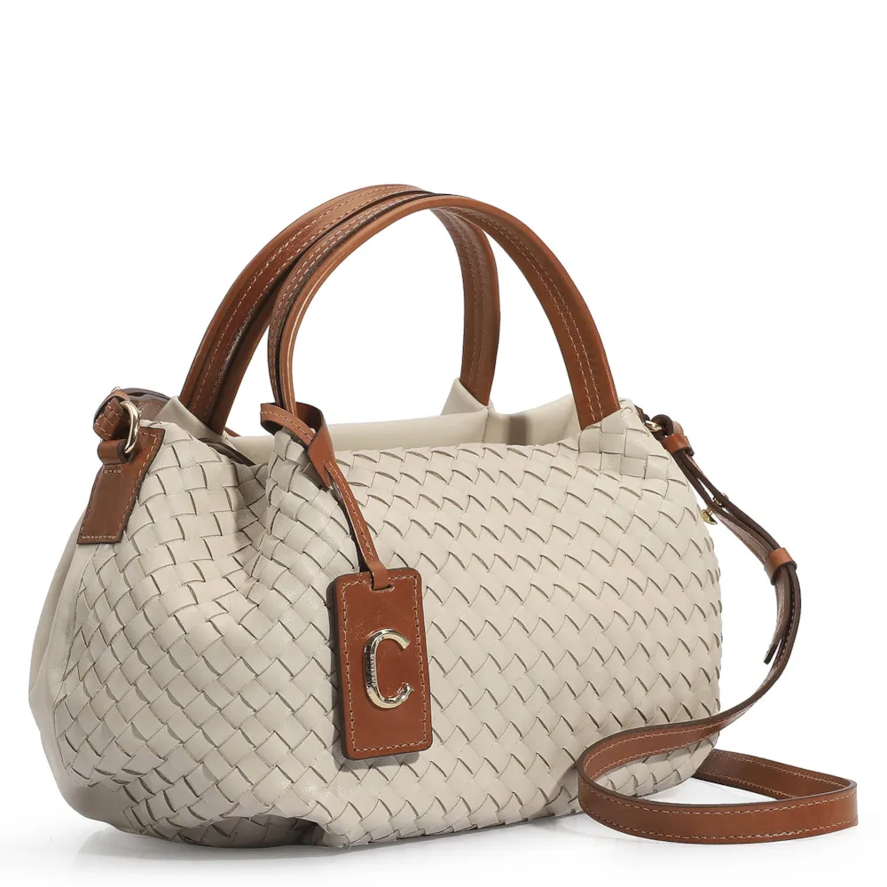 Bolsa Tote Tressê Couro Off White/Caramelo - imagem 3