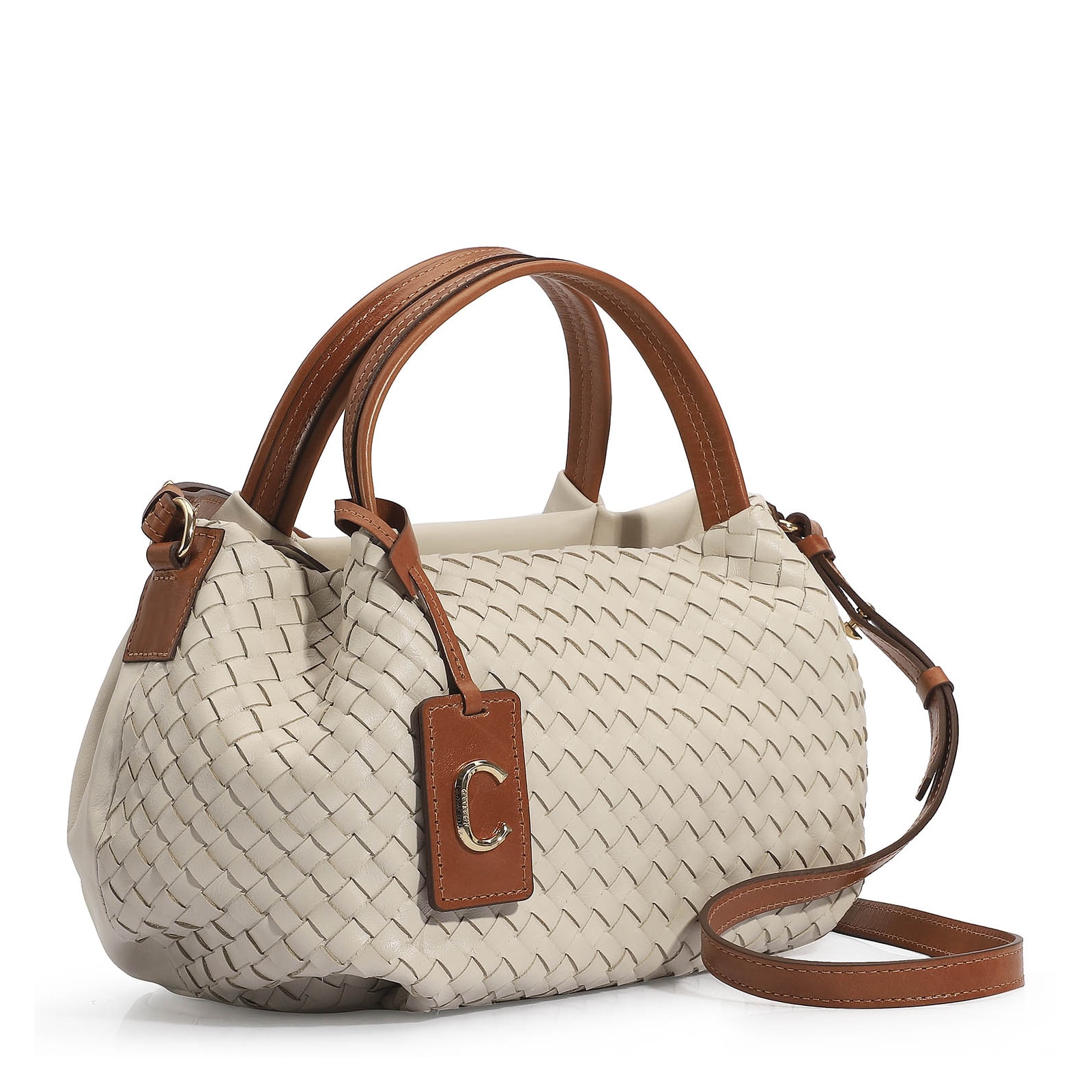 Bolsa Tote Tressê Couro Off White/Caramelo