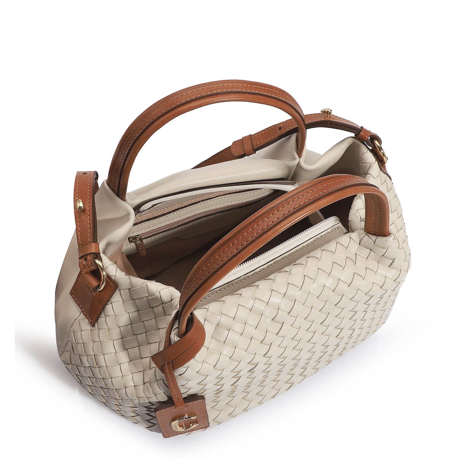 Bolsa Tote Tressê Couro Off White/Caramelo