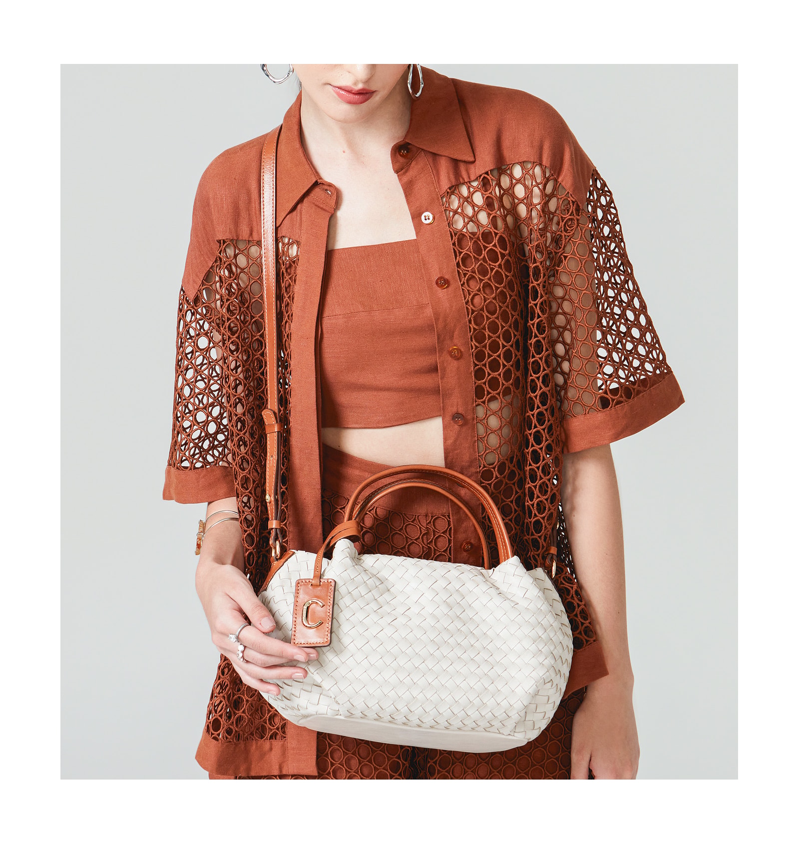 Bolsa Tote Tressê Couro Off White/Caramelo