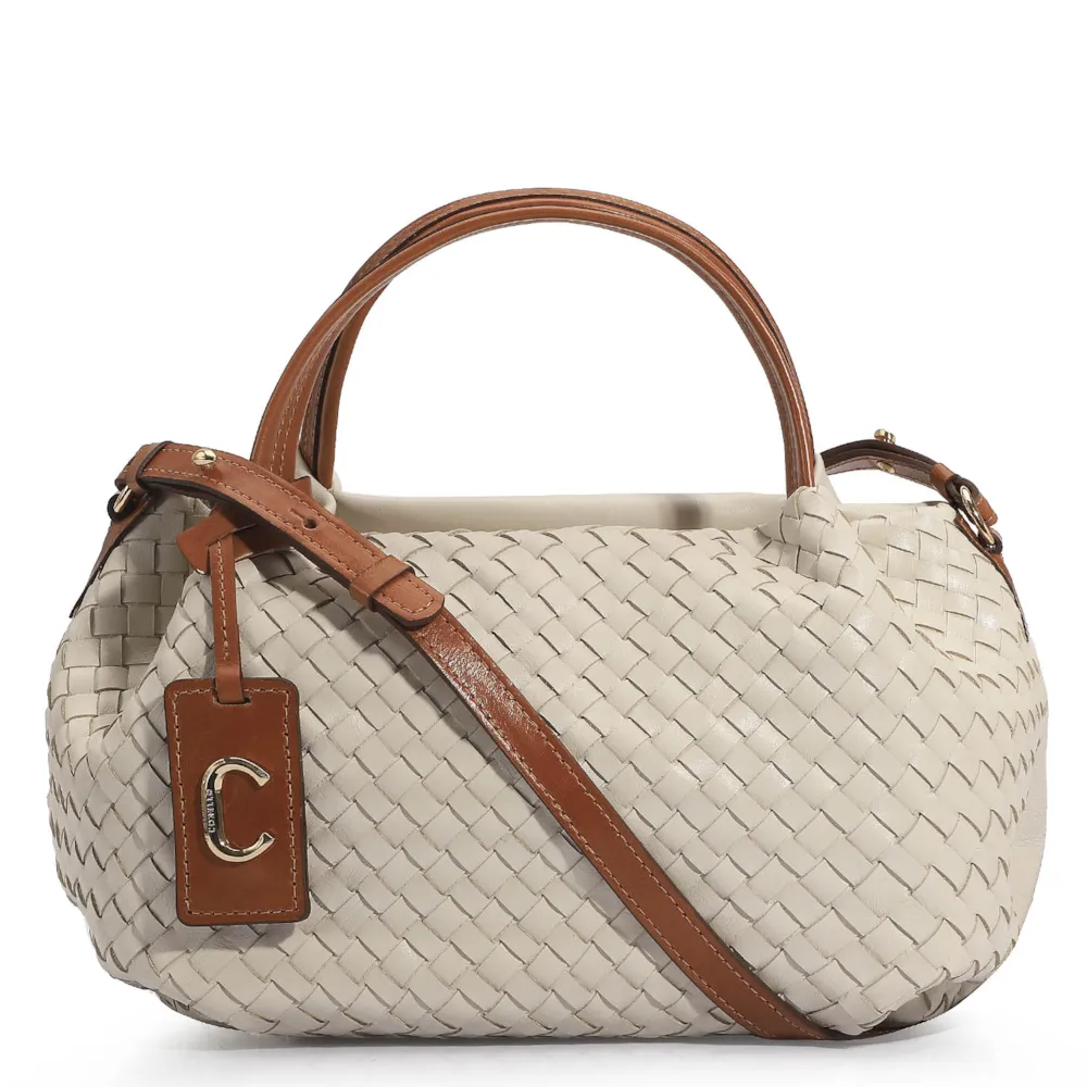 Bolsa Tote Tressê Couro Off White/Caramelo