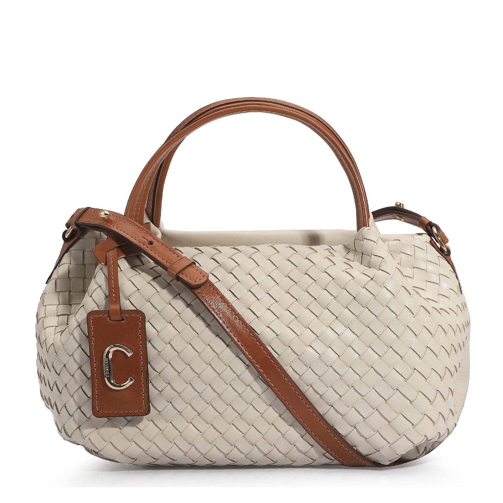 Bolsa Tote Tressê Couro Off White/Caramelo