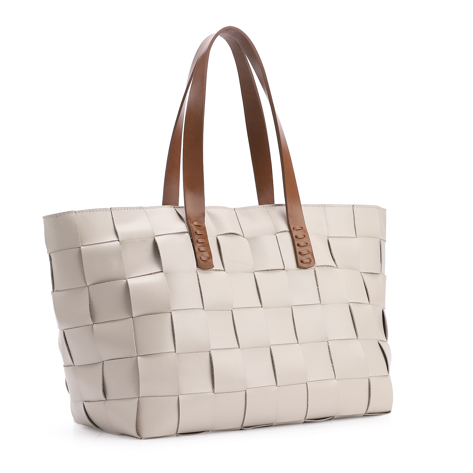 Bolsa Tote Tressê Couro Off White/Marrom