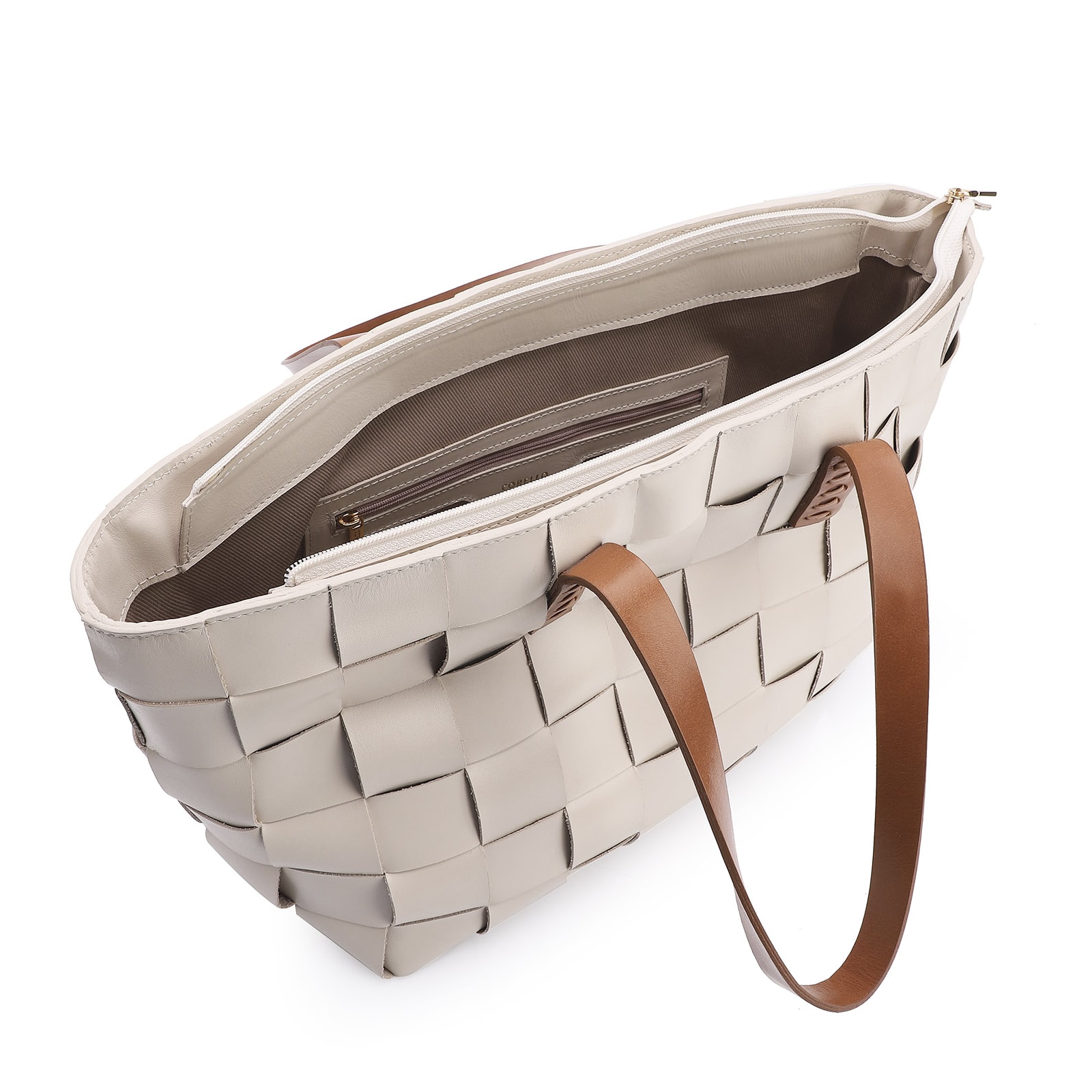 Bolsa Tote Tressê Couro Off White/Marrom