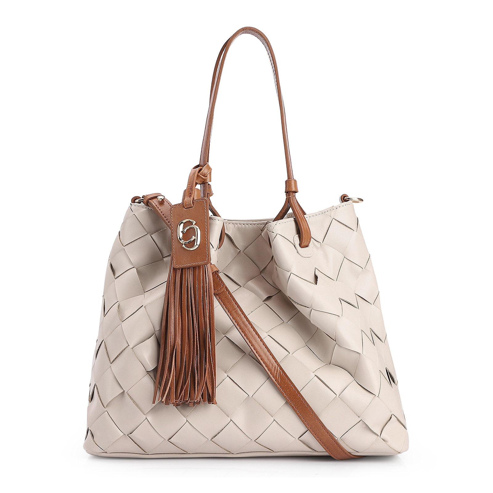 Bolsa Tote Tressê Couro Off White/Marrom