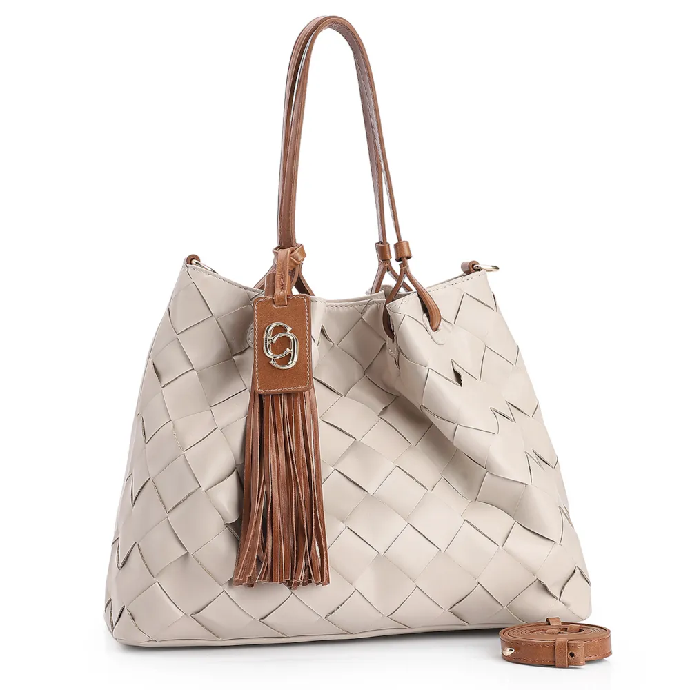 Bolsa Tote Tressê Couro Off White/Marrom - imagem 2