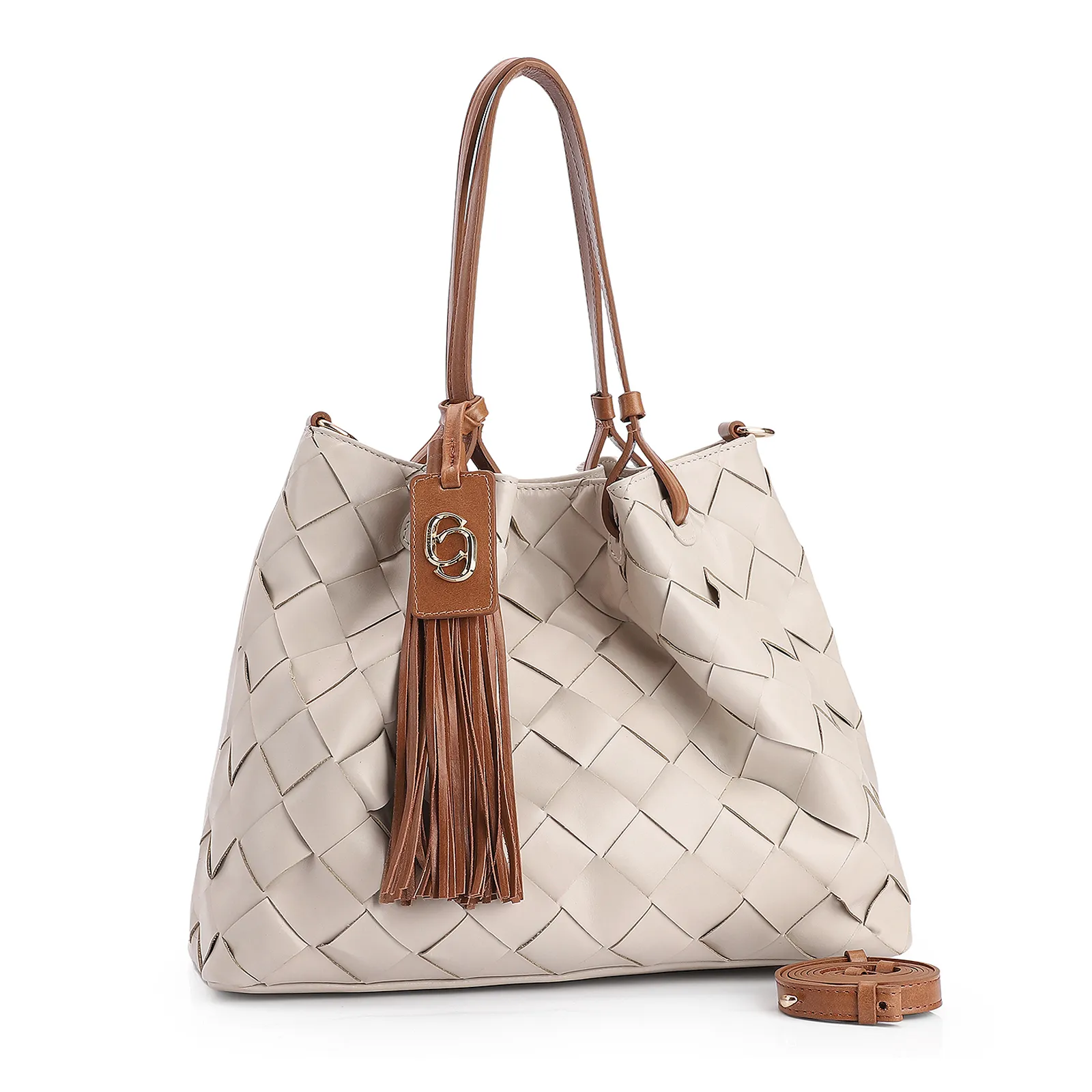 Bolsa Tote Tressê Couro Off White/Marrom