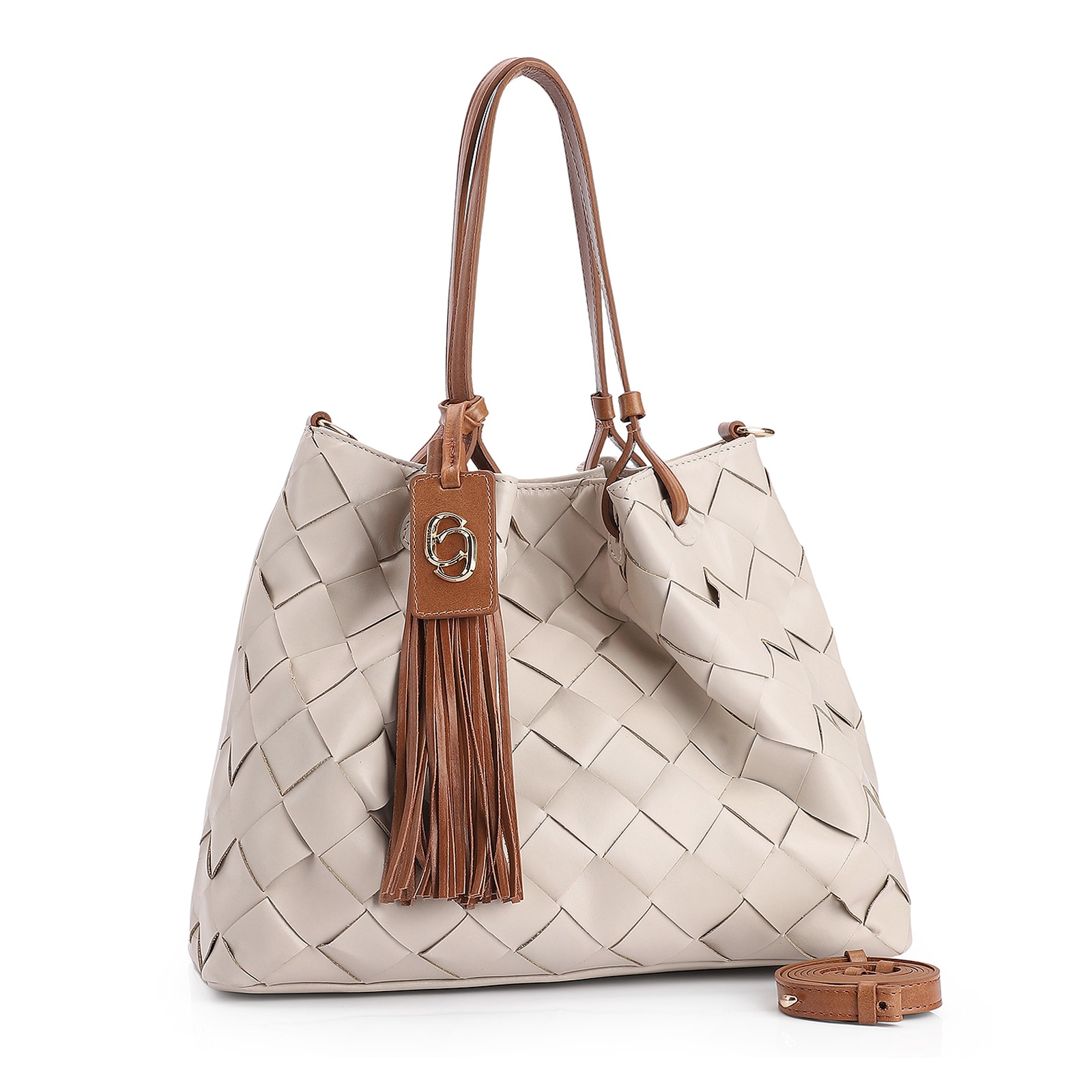 Bolsa Tote Tressê Couro Off White/Marrom