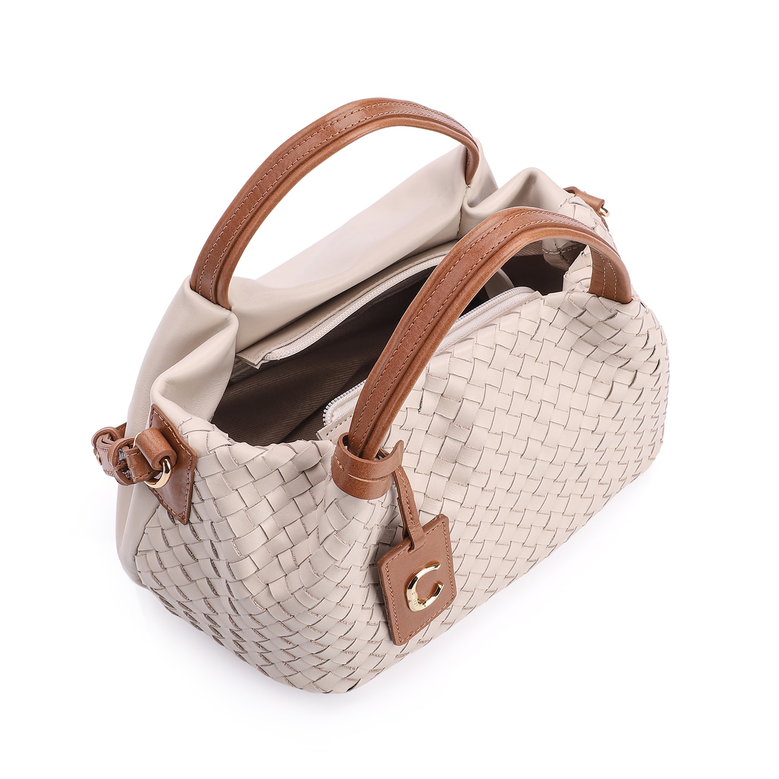 Bolsa Tote Tressê Couro Off White/Marrom