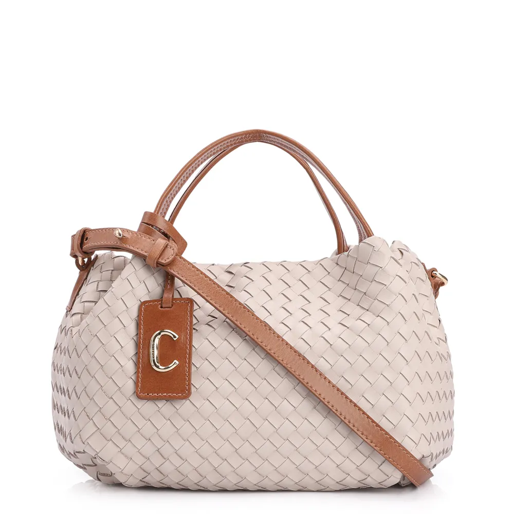 Bolsa Tote Tressê Couro Off White/Marrom