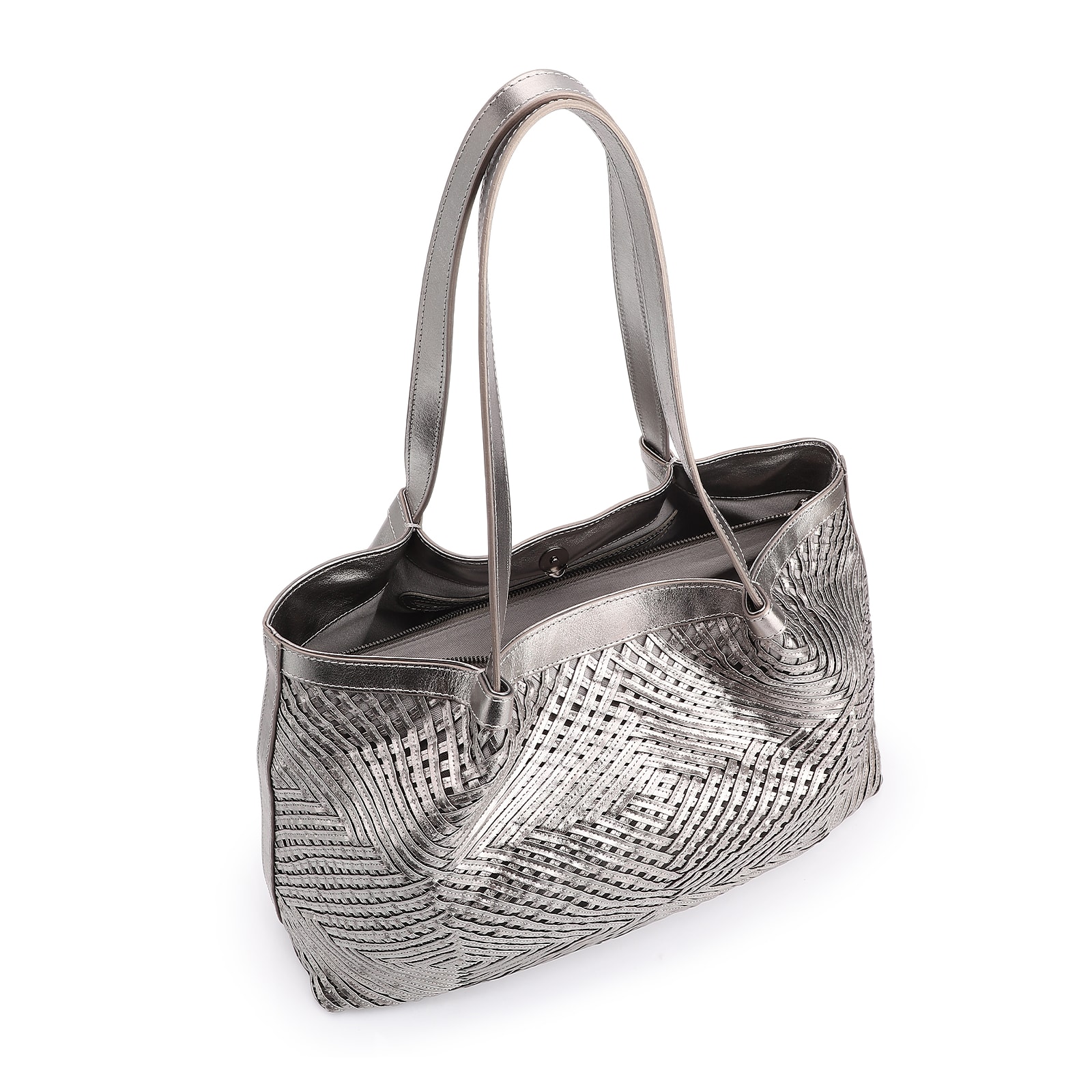 Bolsa Tote Tressê Couro Prata