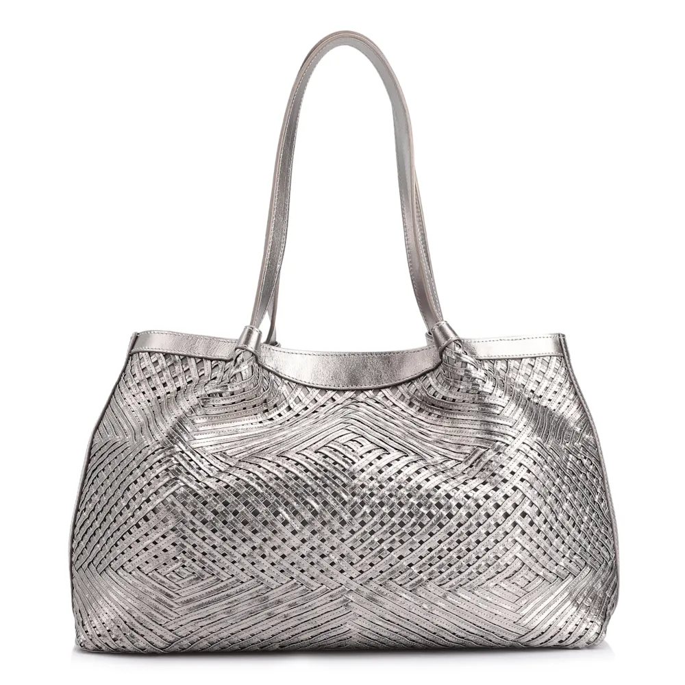 Bolsa Tote Tressê Couro Prata
