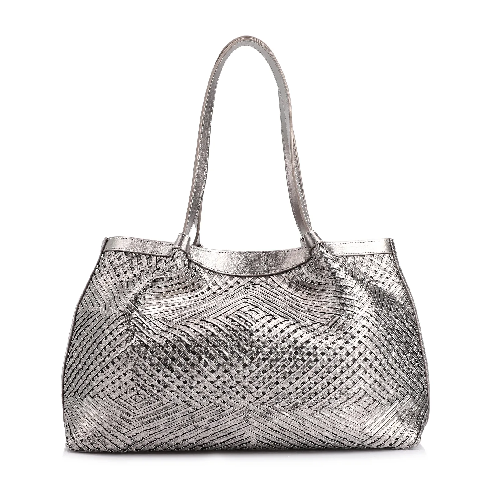 Bolsa Tote Tressê Couro Prata