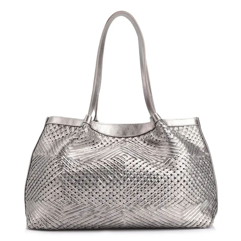 Bolsa Tote Tressê Couro Prata
