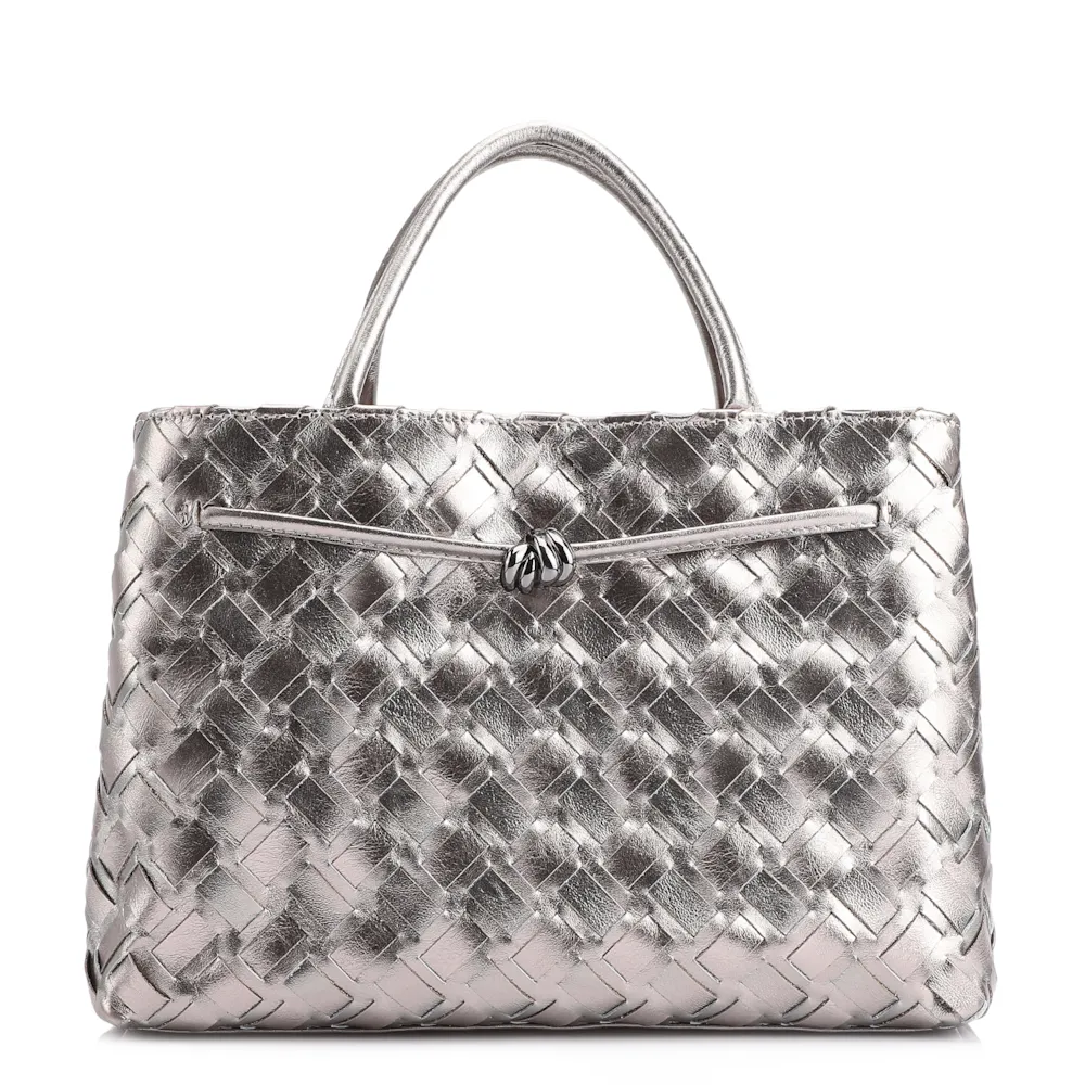 Bolsa Tote Tressê Couro Prata