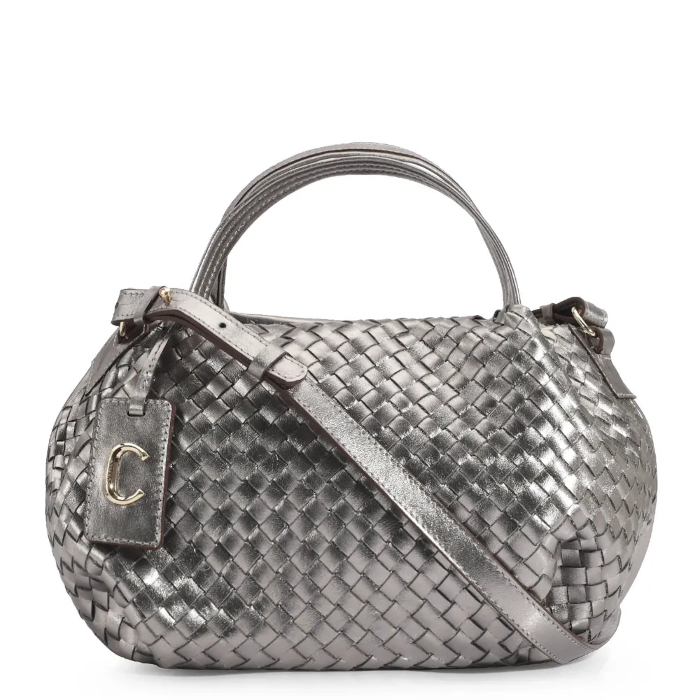 Bolsa Tote Tressê Couro Prata