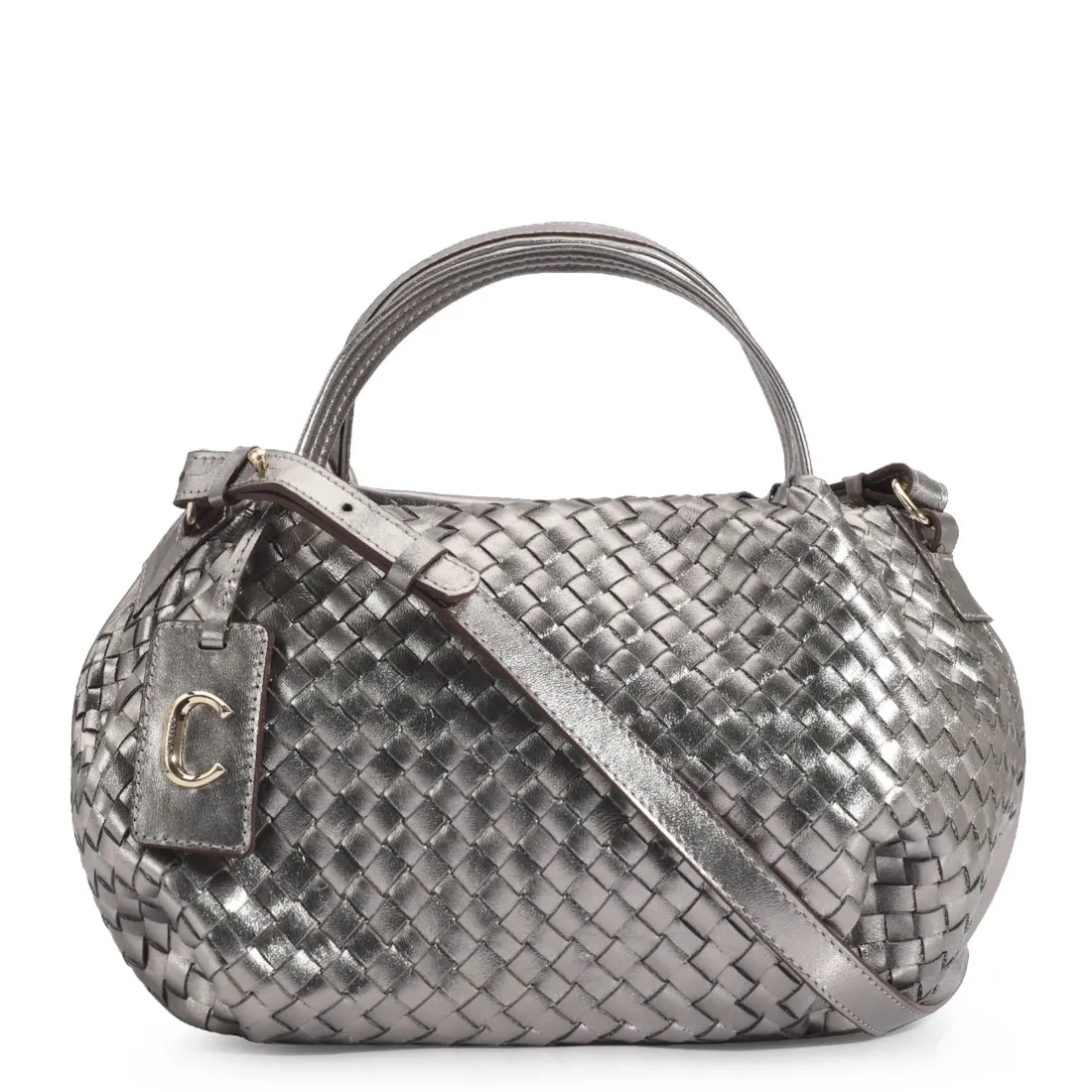 Bolsa Tote Tressê Couro Prata