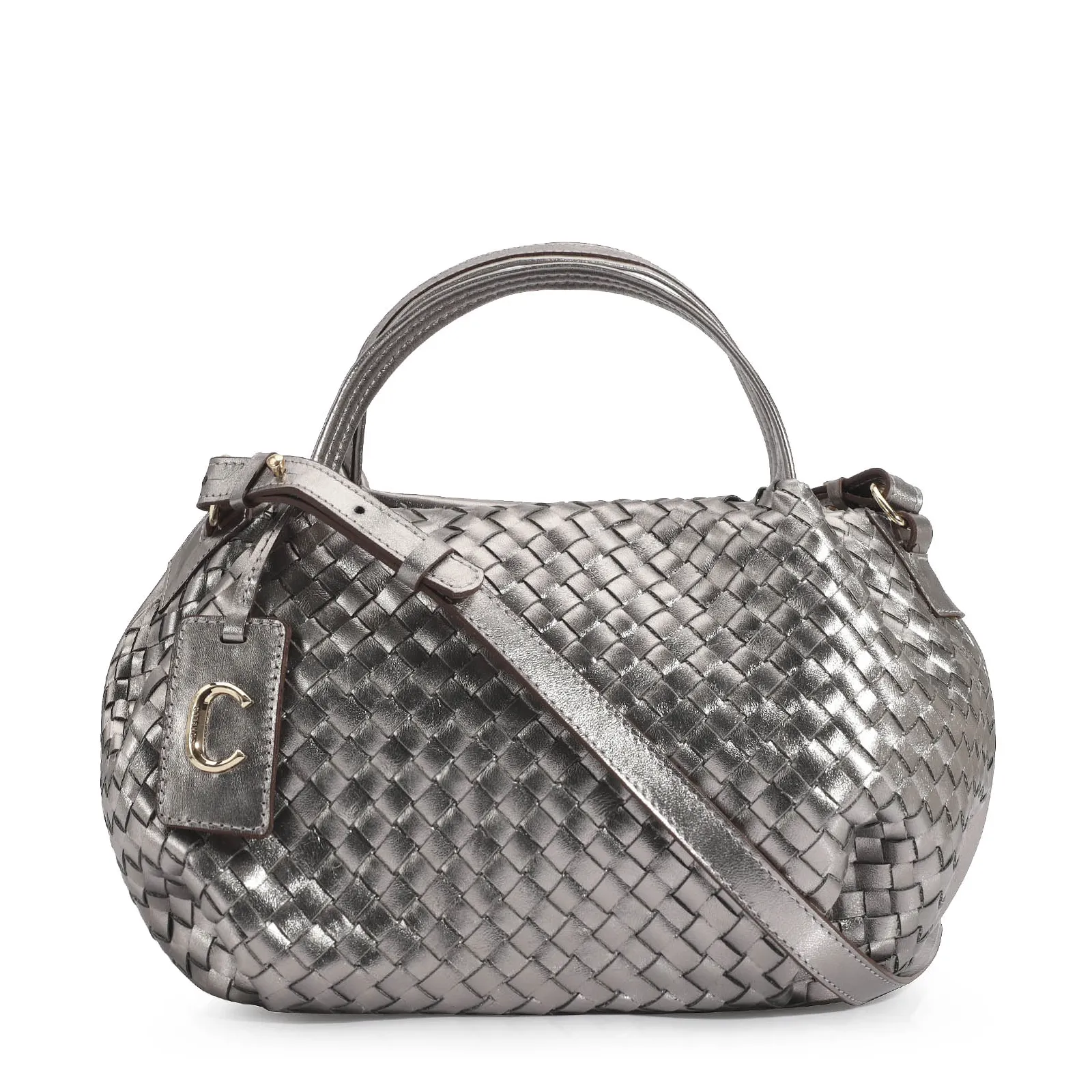 Bolsa Tote Tressê Couro Prata