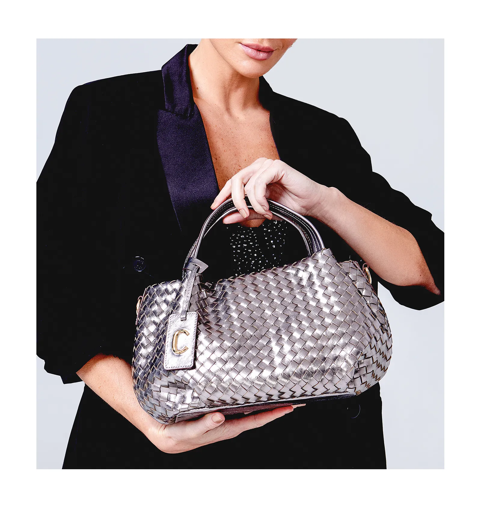 Bolsa Tote Tressê Couro Prata