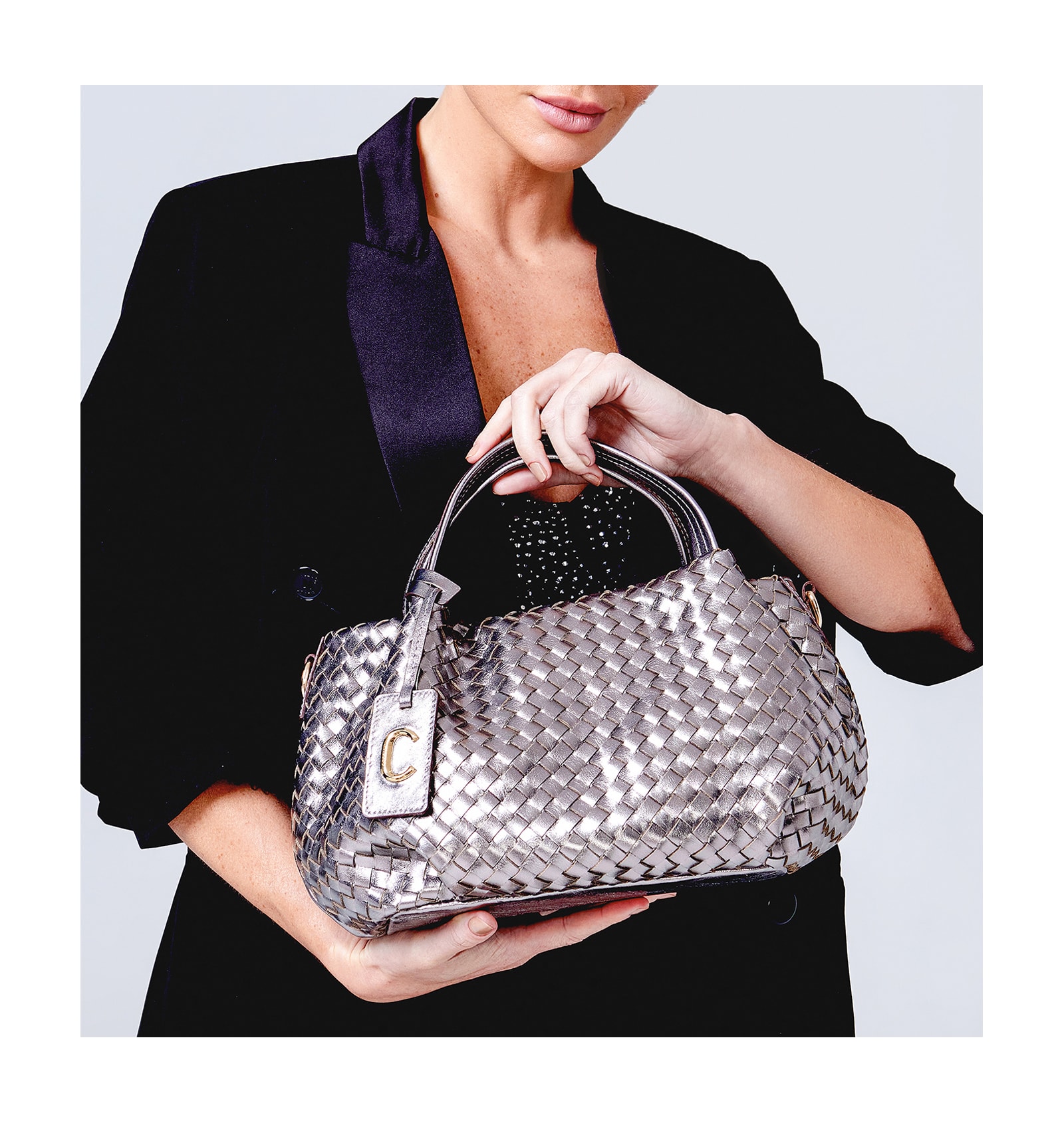 Bolsa Tote Tressê Couro Prata