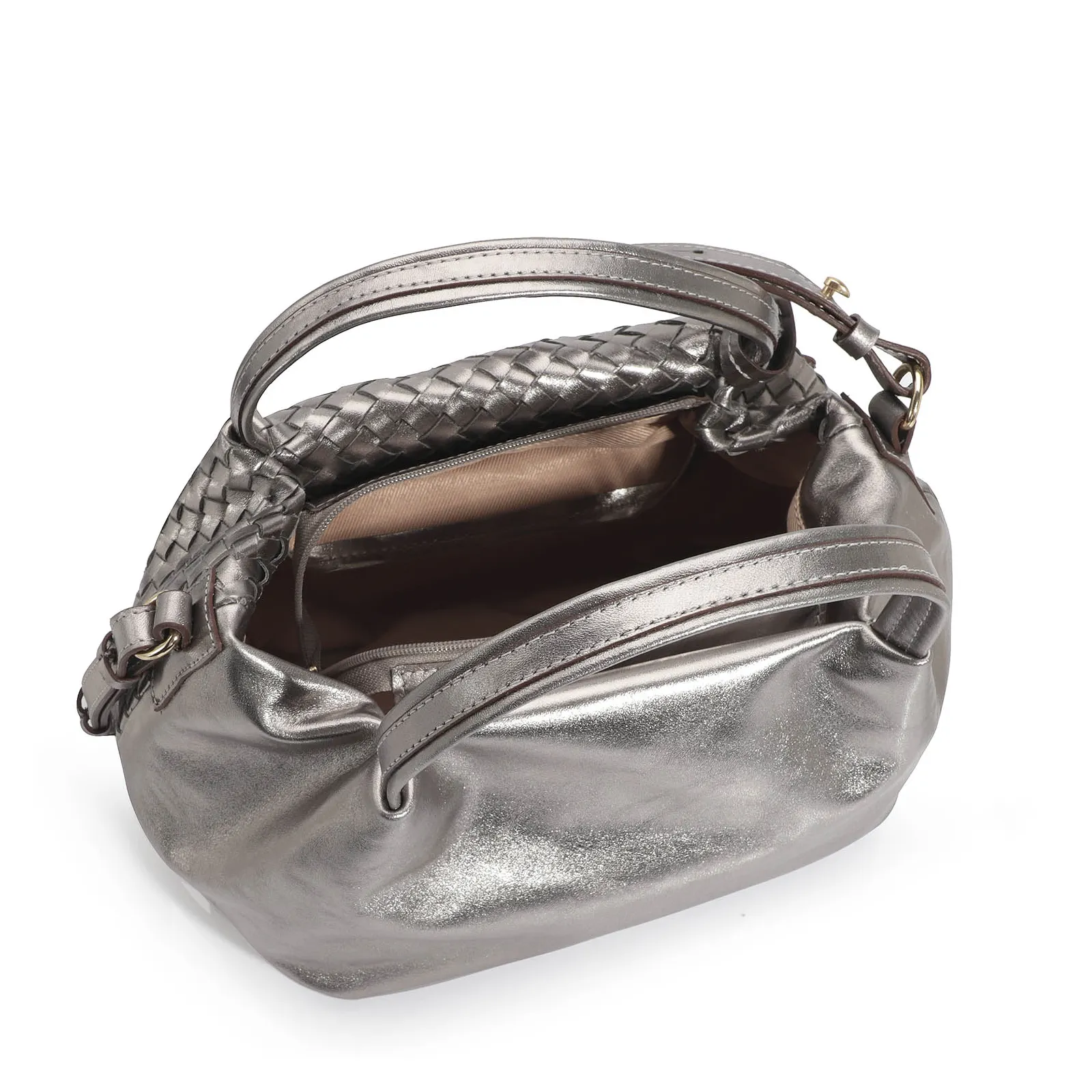 Bolsa Tote Tressê Couro Prata
