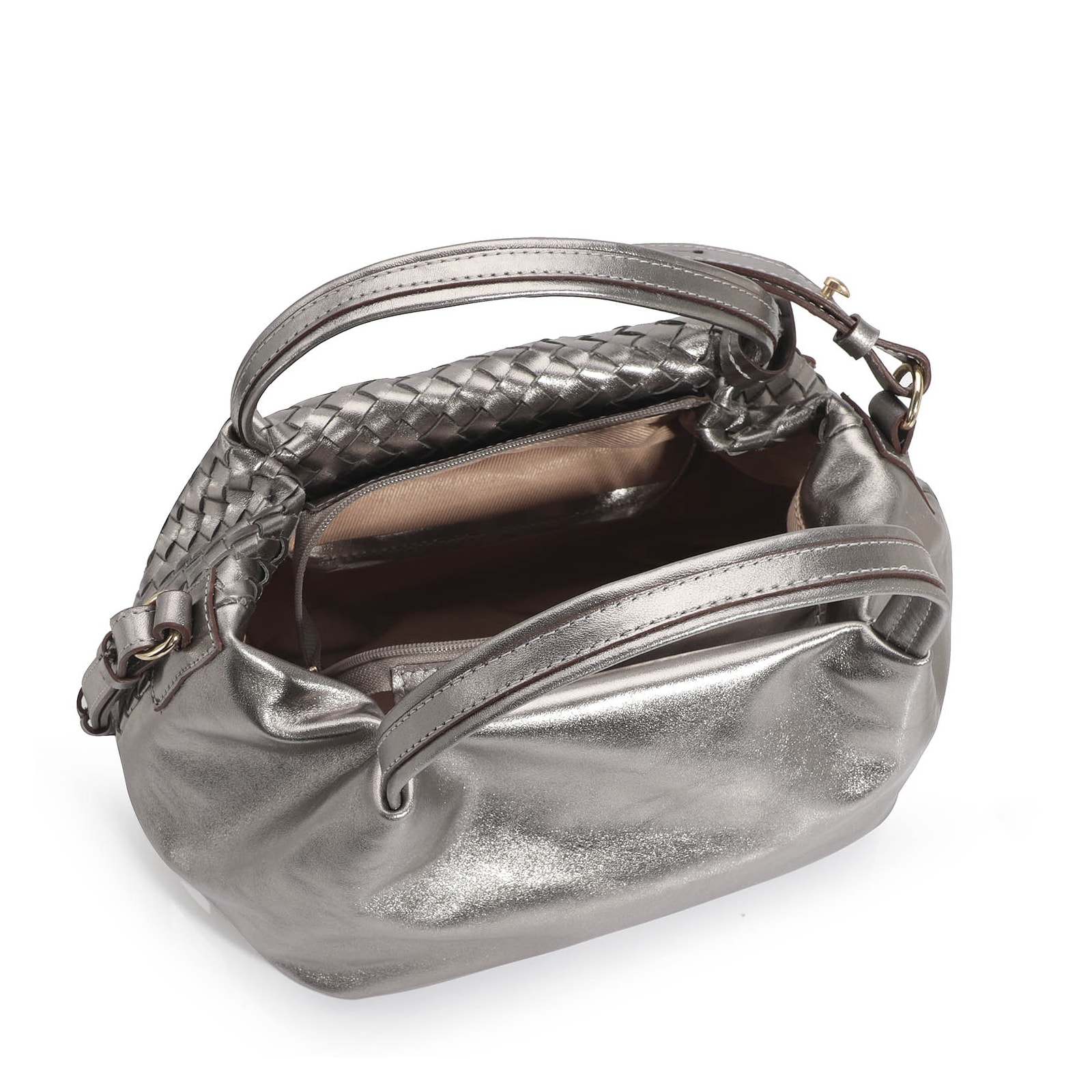 Bolsa Tote Tressê Couro Prata