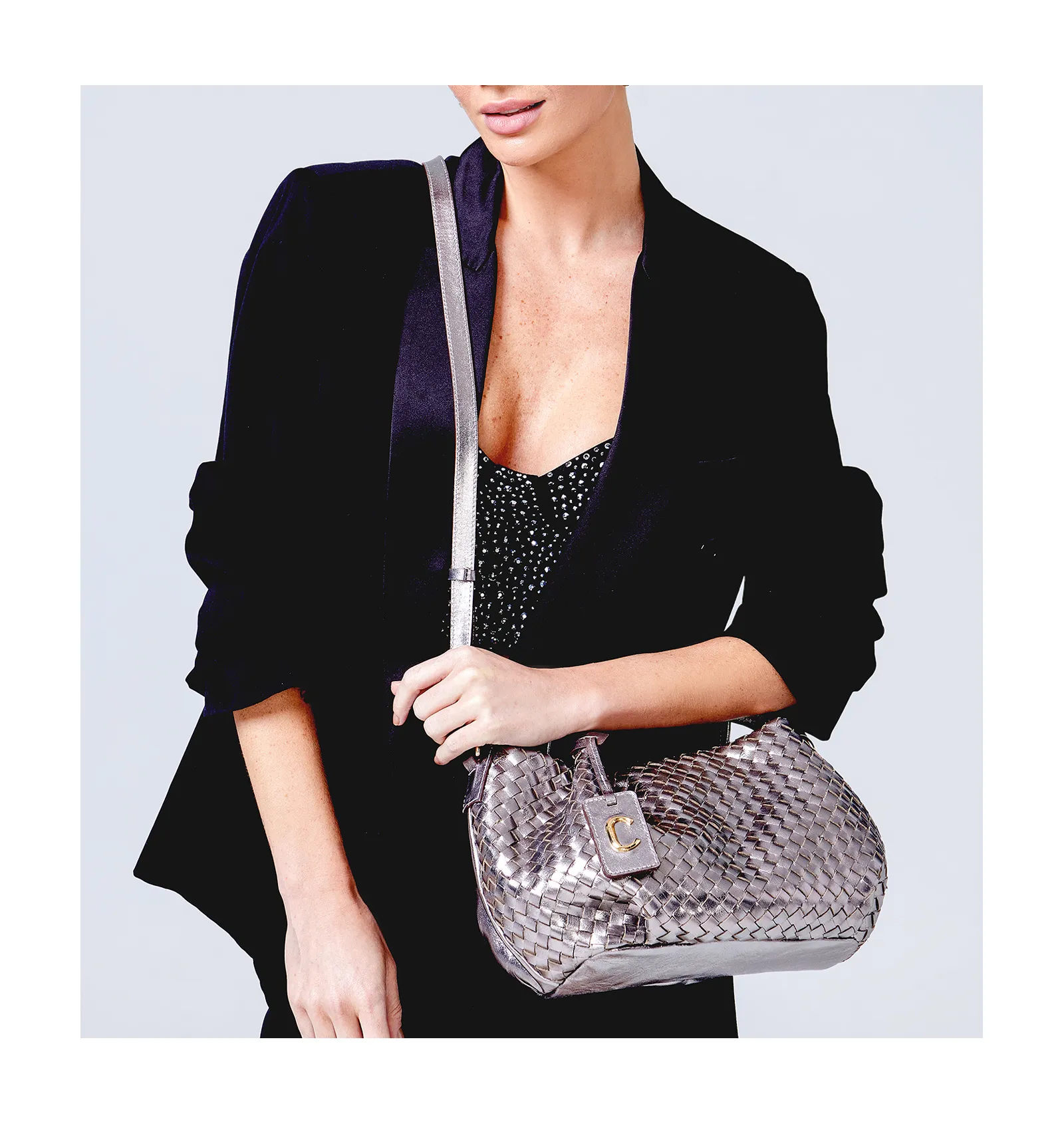 Bolsa Tote Tressê Couro Prata